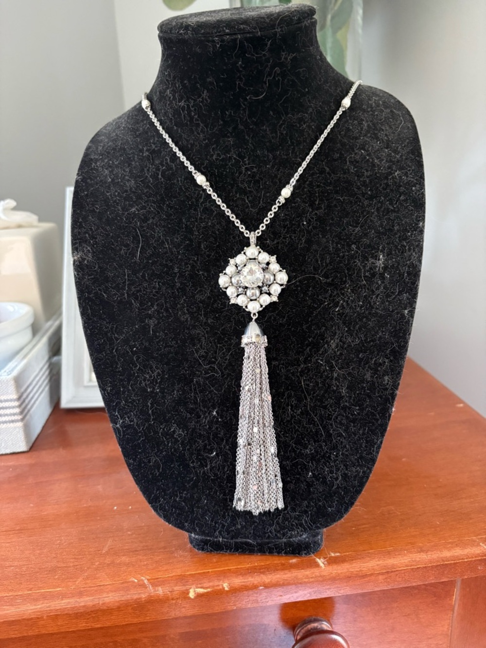 White House Black Market Silver Crystal Tassel Pendant Necklace